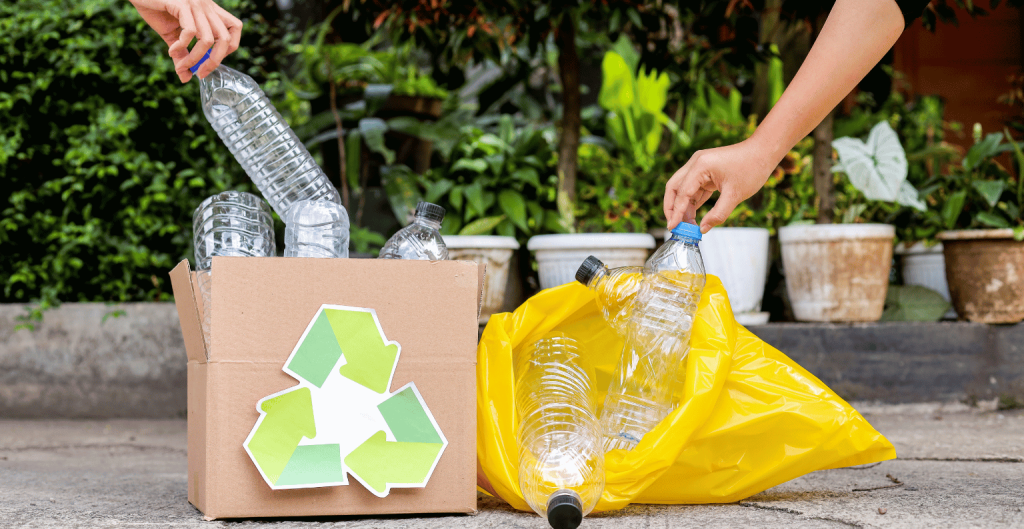 Managing household waste, plastic bottles in a recycling bag placed there by an off-grid family.