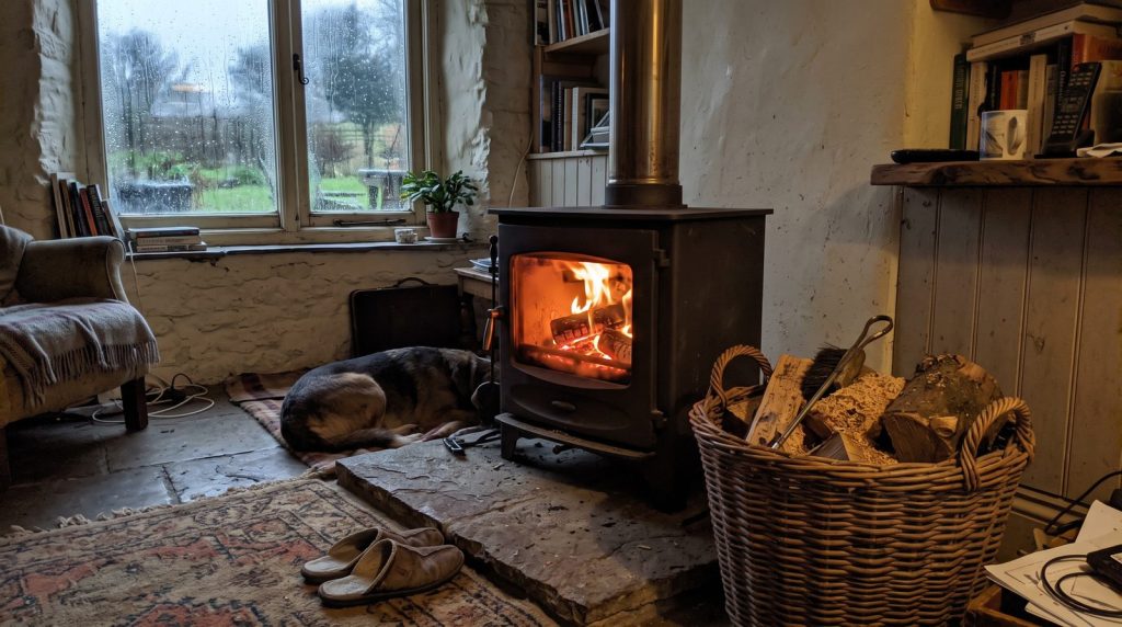 Lit wood burning stove in a cottage living room, the kind of stove the ban rumours are about