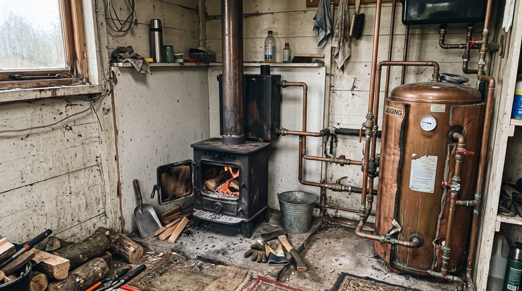 Wood stove with a back boiler and copper pipes feeding a hot water cylinder in an off-grid cabin