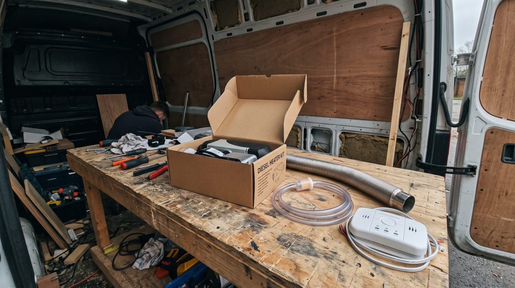 Cheap Chinese diesel heater kit unboxed on a van workbench with fuel line, exhaust and CO alarm