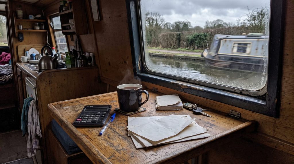 Narrowboat galley table with letters, a calculator and a mug, working out the cost of living on a narrowboat