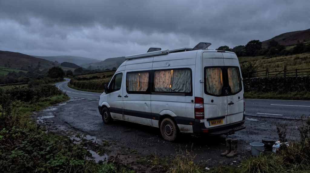 Converted van parked overnight in a rural Welsh lay-by, living in a van legally in the UK