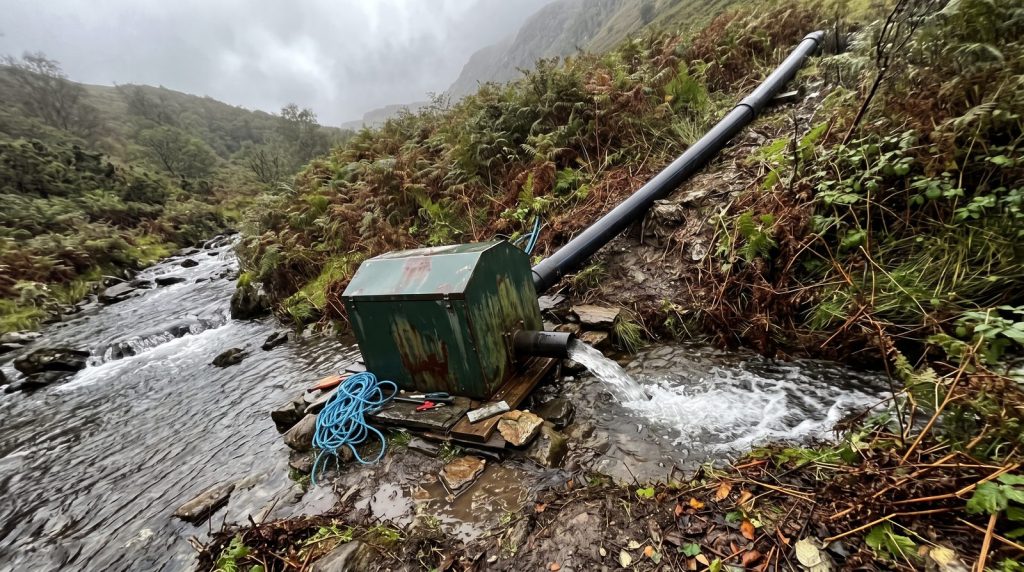 Micro hydro turbine housing on a hillside stream with the intake pipe running downhill