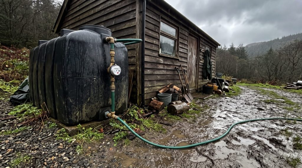 Black off-grid water storage tank with a hose and meter beside a cabin
