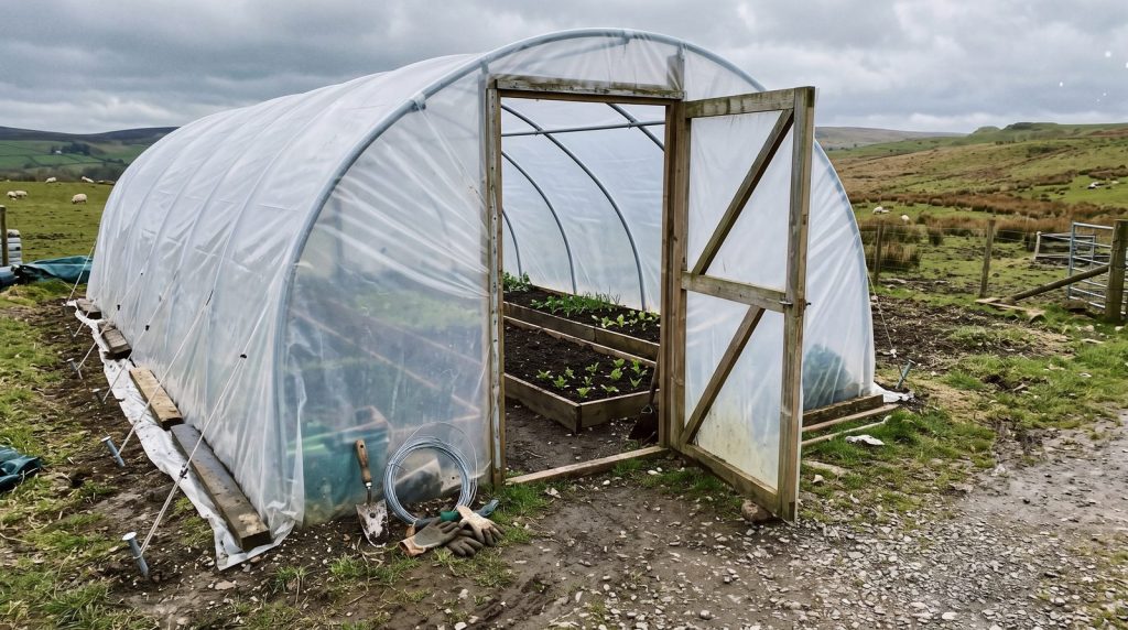 Polytunnel anchored on a windy smallholding with raised beds inside