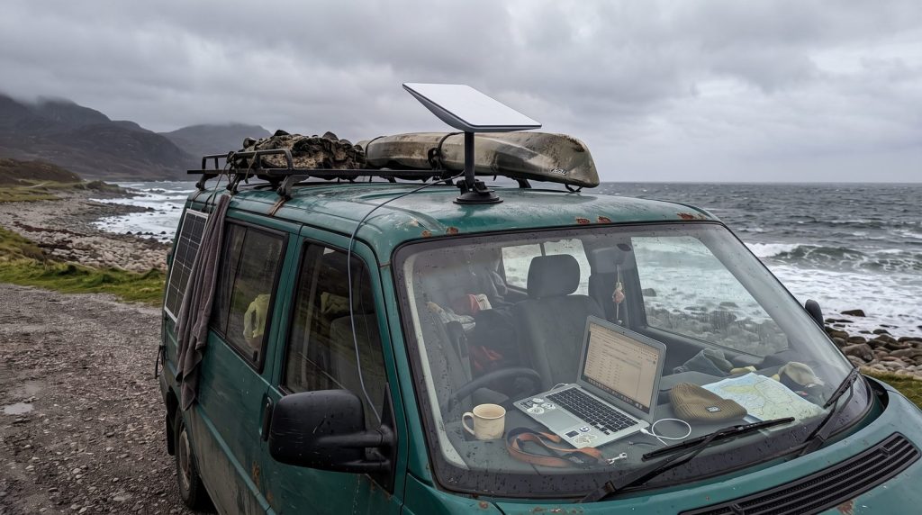 Starlink Mini dish on a suction mount on a campervan roof by the Scottish coast