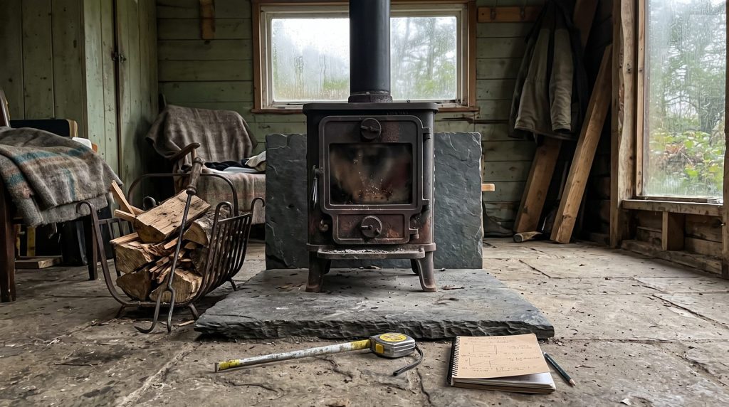 Small cast iron log burner on a slate hearth in a timber cabin, working out how many kW you need