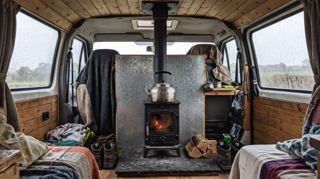Small wood burner in a van with a flue through the roof and a heat shield behind the stove