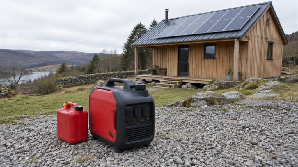Portable inverter generator and a fuel can on gravel outside a timber off-grid cabin with solar panels on its roof