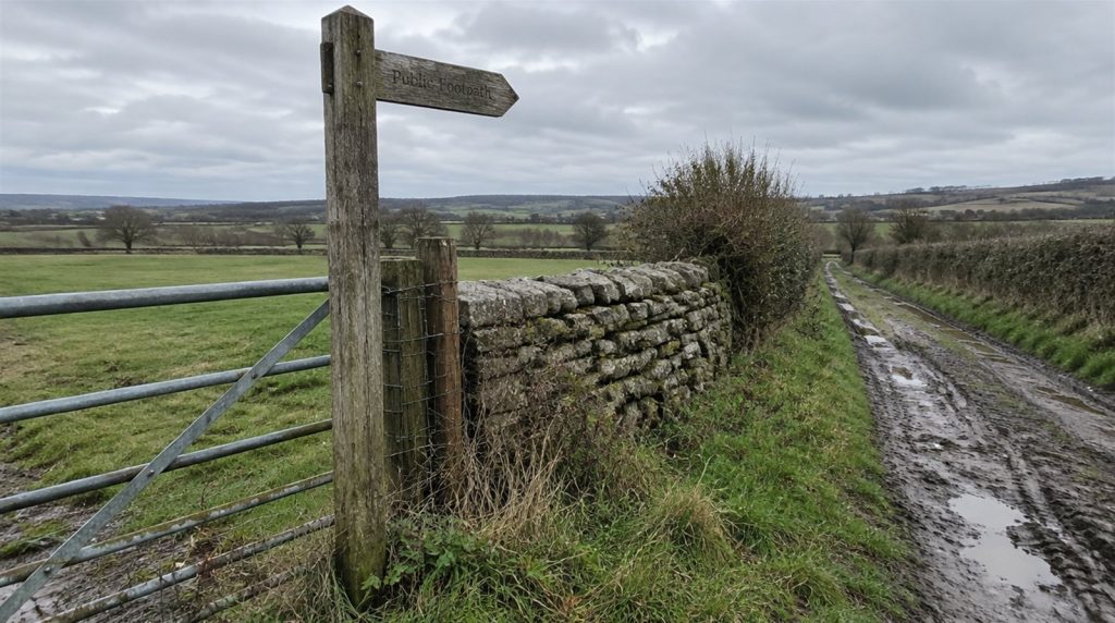 Public footpath sign by a field gate and a muddy farm track running along a dry stone wall on the edge of rural land
