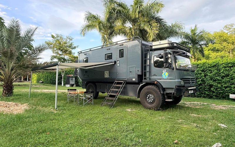 Mercedes-Benz Atego 4x4 expedition truck parked up with awning extended