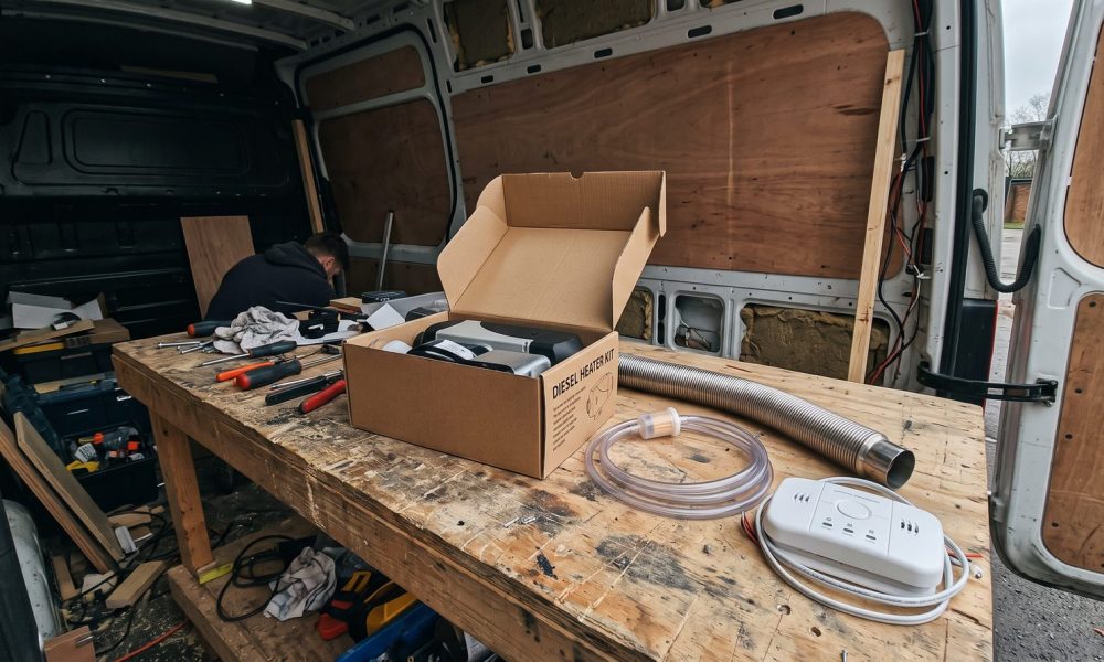 Cheap Chinese diesel heater kit unboxed on a van workbench with fuel line, exhaust and CO alarm
