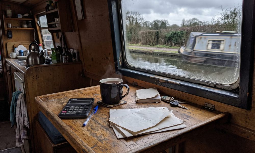 Narrowboat galley table with letters, a calculator and a mug, working out the cost of living on a narrowboat