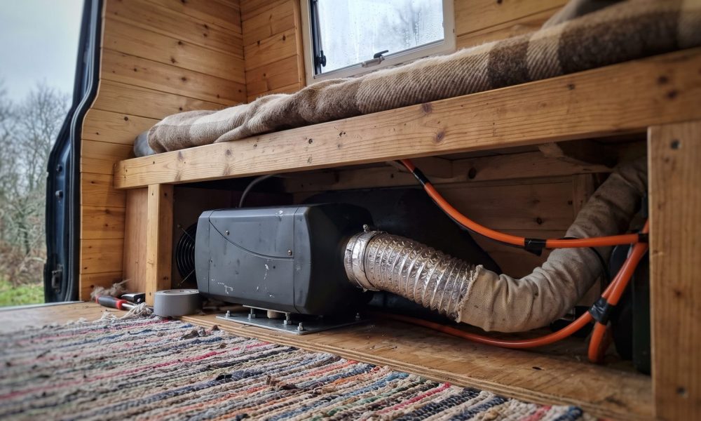 Diesel heater for a van fitted under a bench seat with ducting in a wood-lined campervan