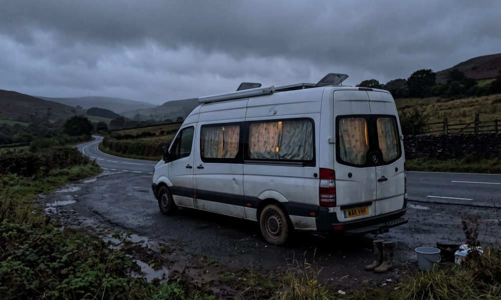 Converted van parked overnight in a rural Welsh lay-by, living in a van legally in the UK