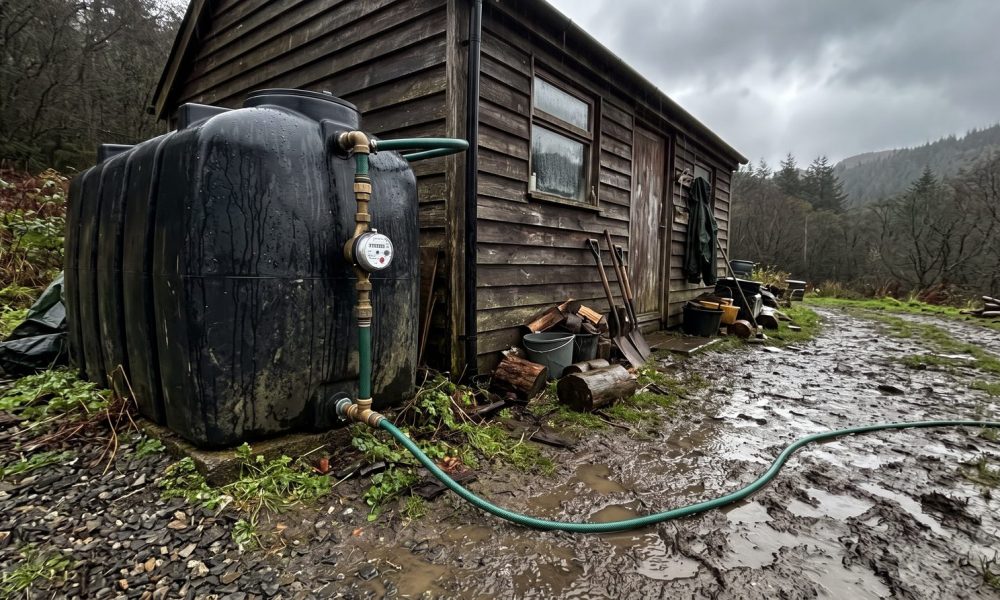 Black off-grid water storage tank with a hose and meter beside a cabin