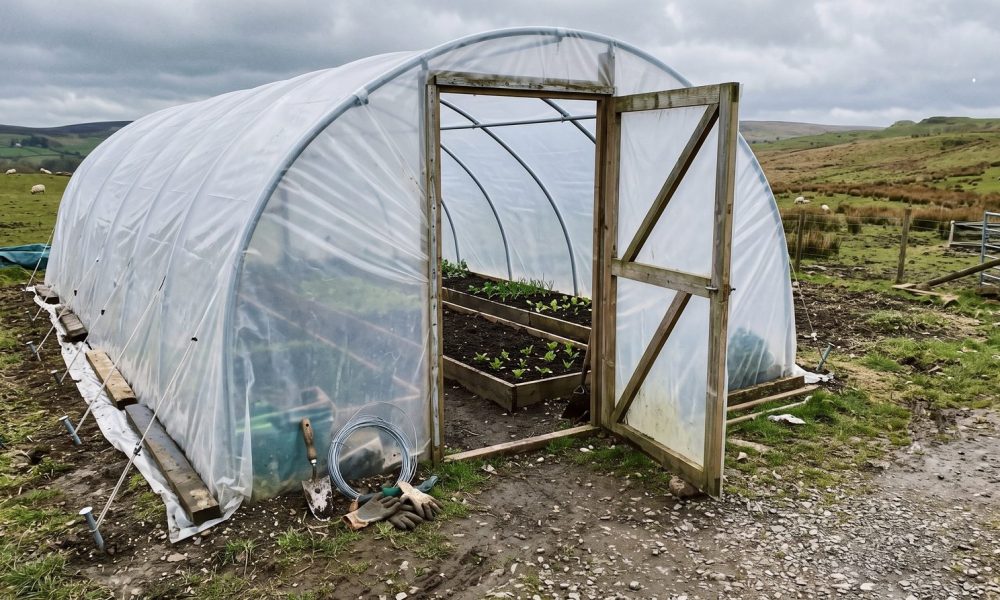 Polytunnel anchored on a windy smallholding with raised beds inside