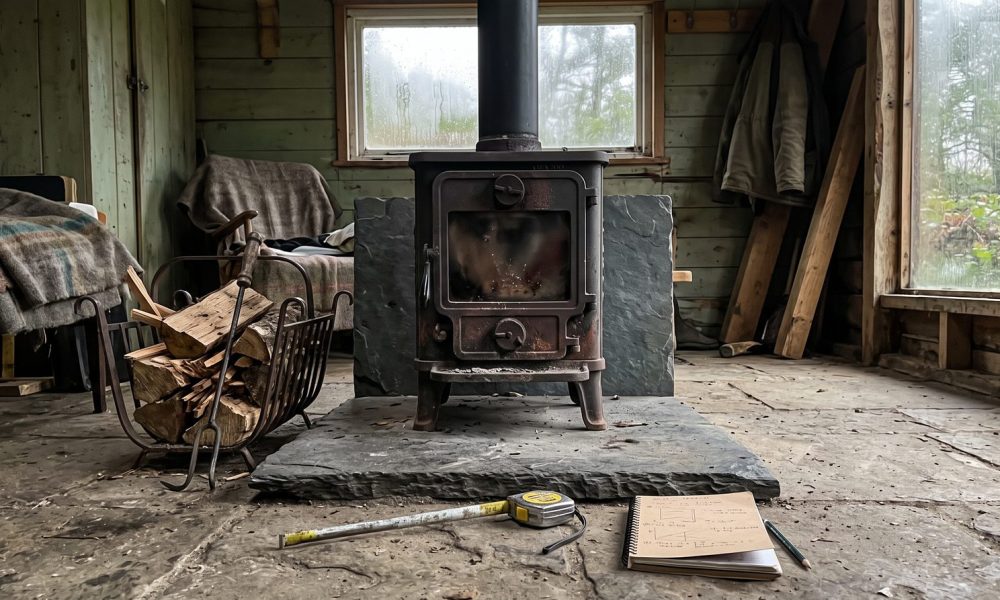 Small cast iron log burner on a slate hearth in a timber cabin, working out how many kW you need