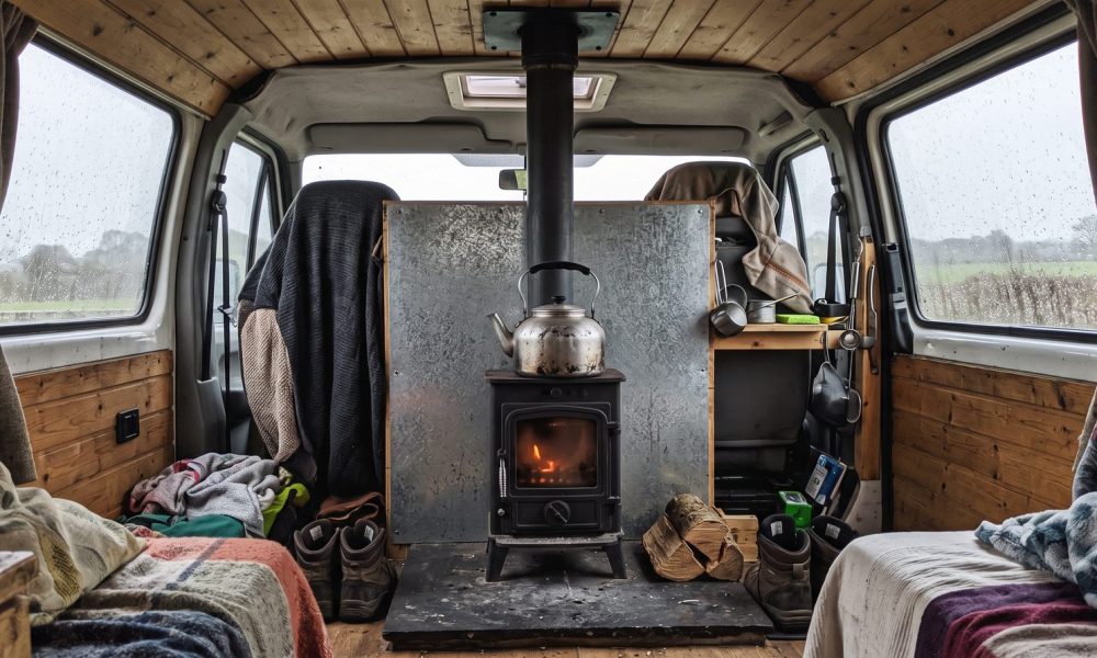 Small wood burner in a van with a flue through the roof and a heat shield behind the stove
